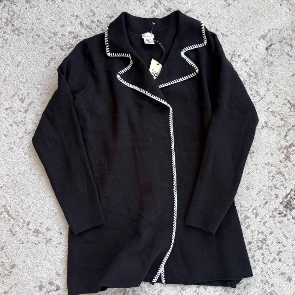 Max Studio Womens XS Black Whipstitch Trim Knit Cardigan Open Front Jacket NEW